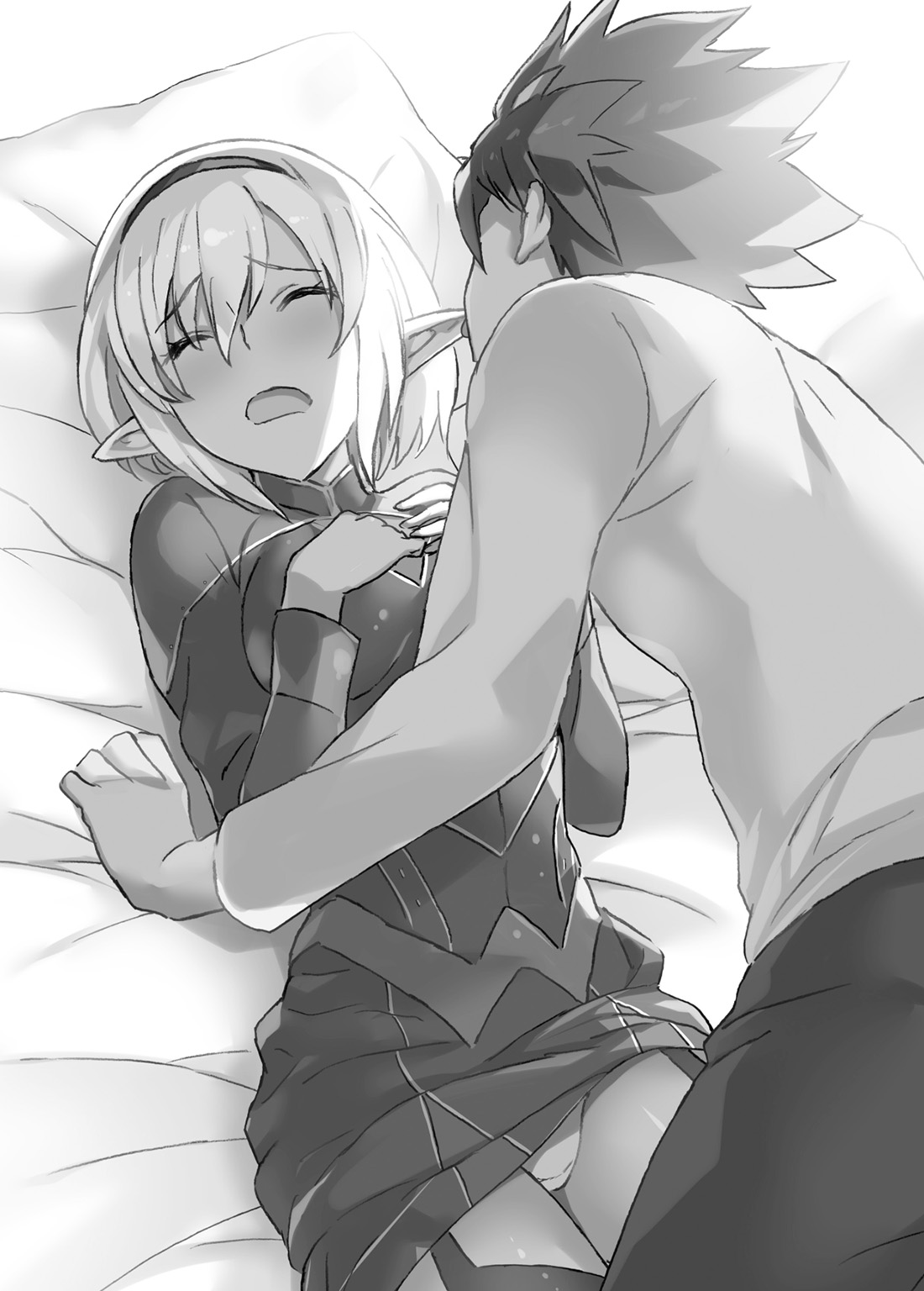 Chrono pushing down Layla on the bed, gently licking her ear.